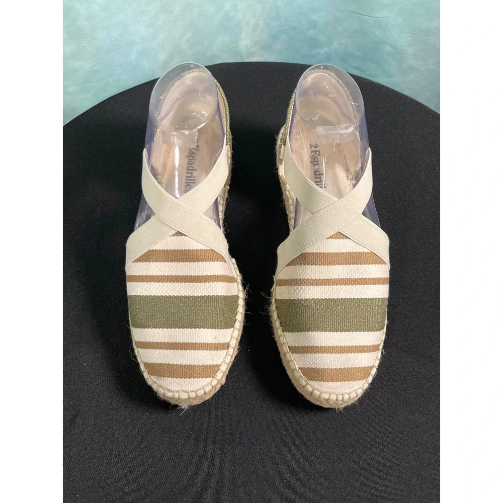 2Espadrilles‎ Women Striped Canvas Elastic Strap Espadrille Flats Olive Tan 39